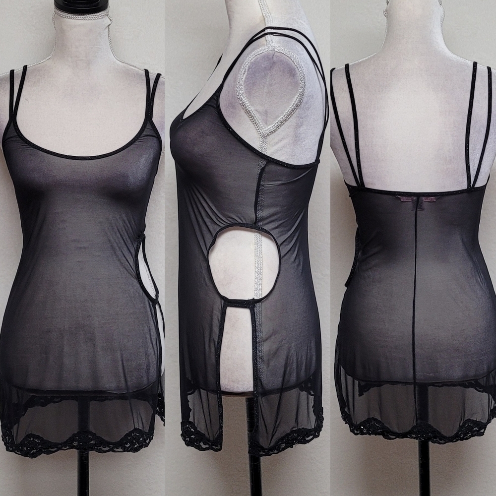 Sexy Y2K Vintage Victoria's Secret Black Sheer Mesh Lace Trim Cut-out Slip Dress